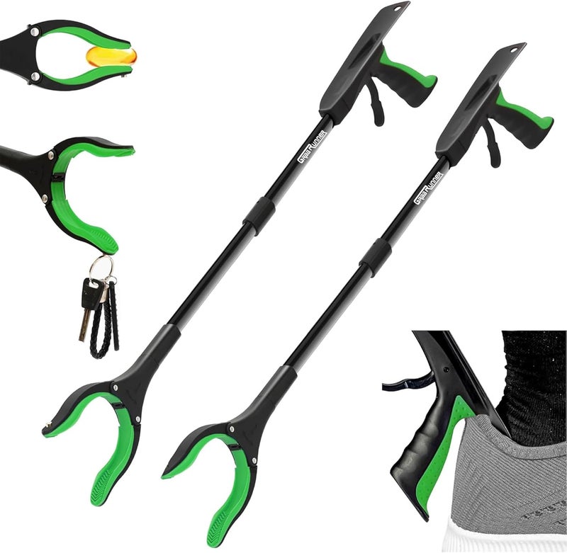 GrabRunner 2 Pack 32 inch Folding Reacher Grabber Tool with Strong Magnetic and Swivel Head &Shoehorn (Green Green) - Image 1